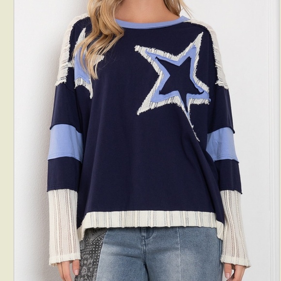 POL Tops - Blue Velvet “ Brenna “ Blue Velvet Star Patch Relaxed Fit Top 77